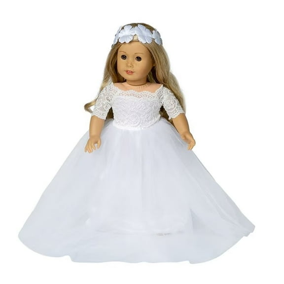 AlevRam 1 Pcs 18 inch Doll Wedding Dress with Headband 18 inch Doll Dress White Mesh Lace Princess Dress for 18 inch Doll ﻿