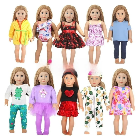 AlevRam 10 Sets 18 Inch Doll Clothes Set - Outfits for American Girl Dolls & 18" Dolls - Includes Pajamas, Dresses, Skirts, Swimsuit, Bodysuits - Gift for Girls Age 3+