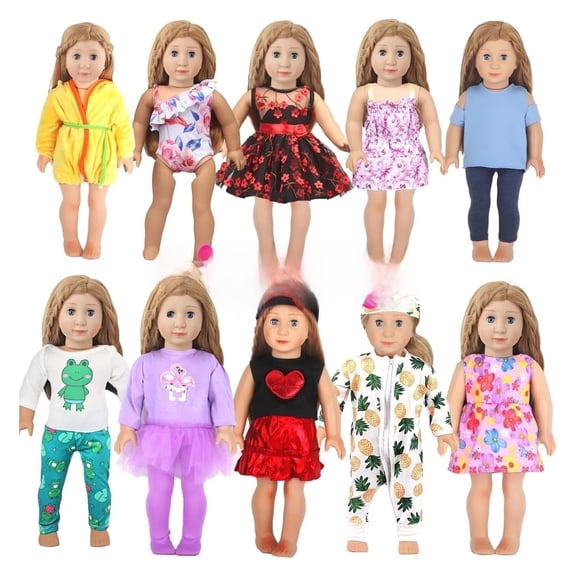 AlevRam 10 Sets 18 Inch Doll Clothes Set - Outfits for American Girl Dolls & 18" Dolls - Includes Pajamas, Dresses, Skirts, Swimsuit, Bodysuits - Gift for Girls Age 3+