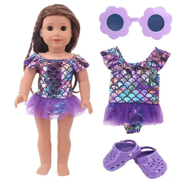 AlevRam 18 Inch Doll Mermaid Swimsuit Set with Tulle Skirt, Clog Sandals & Sunglasses, 3-Piece