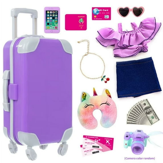 AlevRam 18 inch Girl Doll Accessories Case Luggage Travel Play Set Including Doll Dress Trolley Case Pillow Sunglasses Card Phone Necklace Camera Great Birthday Christmas Gift for Kids Girls 2+