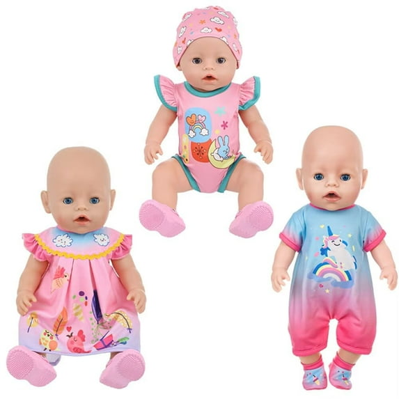 AlevRam 3 Pack 18 inch Doll Summer Outfits – Cute Bird and Cloud Print Dress, Bunny Sleeping on Moon Swimsuit with Swim Cap, Unicorn Print Romper – Fits for 18 inch Dolls