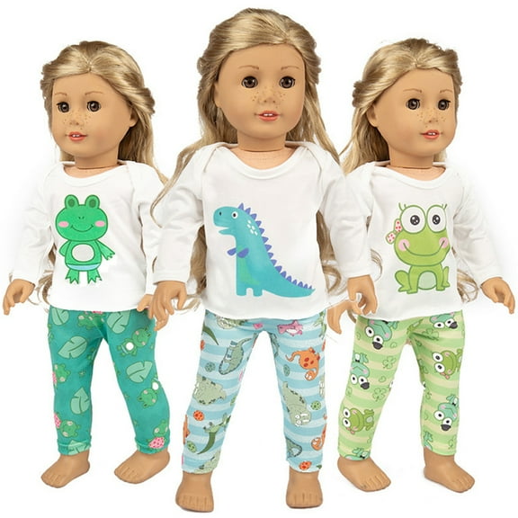 AlevRam 3 Sets 18 Inch Doll Pajamas Cute Frog & Dinosaur Pattern Long Sleeve Sleepwear Tops and Pants Doll Clothes for 18” Girl Dolls Gift for Kids Ages 3+