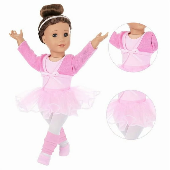 AlevRam 6 Piece 18 inch Doll Ballet Outfit Set – Pink Leotard, Tutu Skirt, Tights, Jacket and Ballet Shoes – Fits for 18 inch Dolls