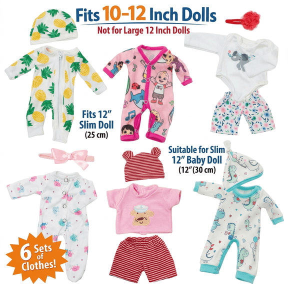 AlevRam 6‑Pack 12 Inch Slim Doll Clothes Set – Fits Most 10–12 Inch Baby Dolls, Stretch Bodysuits for Kids Girls Gift