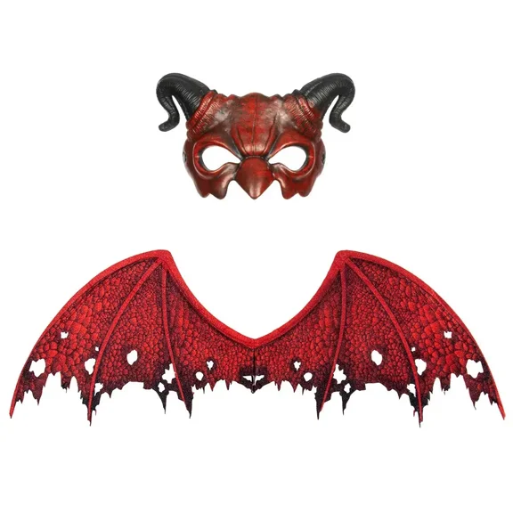 AlevRam Halloween Devil Wings & Demon Mask Set, Red Non-Woven Cosplay Costume Props for Adults