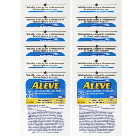 Aleve All Day Strong Strength To Last 12 Hours Temporarily Relieves Minor Aches And Pains 1 Caplet Per Pouch,(12 Pack UNBOXED)