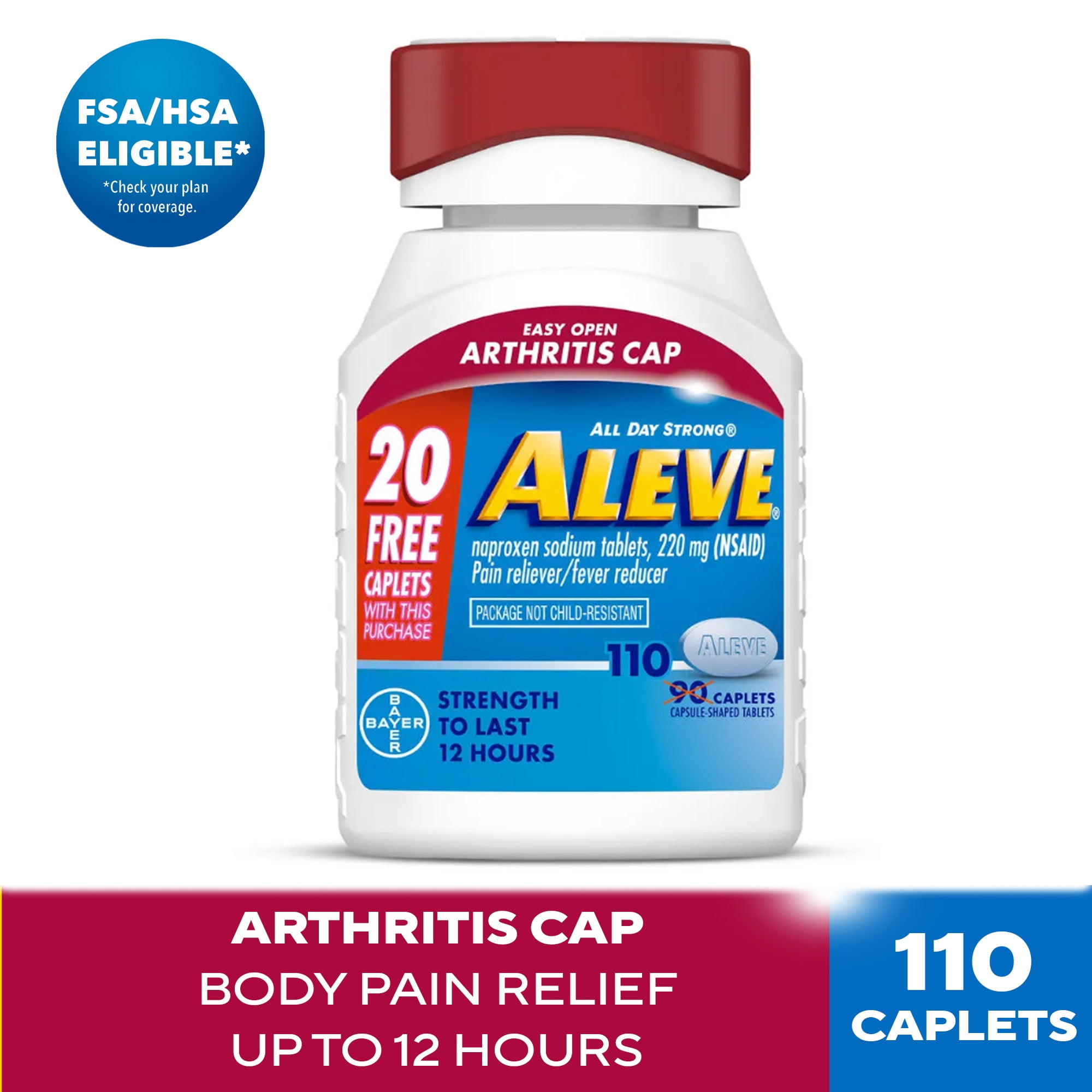Aleve Caplets Easy Open Arthritis Cap Naproxen Sodium Pain Reliever, 90 Count + 20 Count Bonus Pack