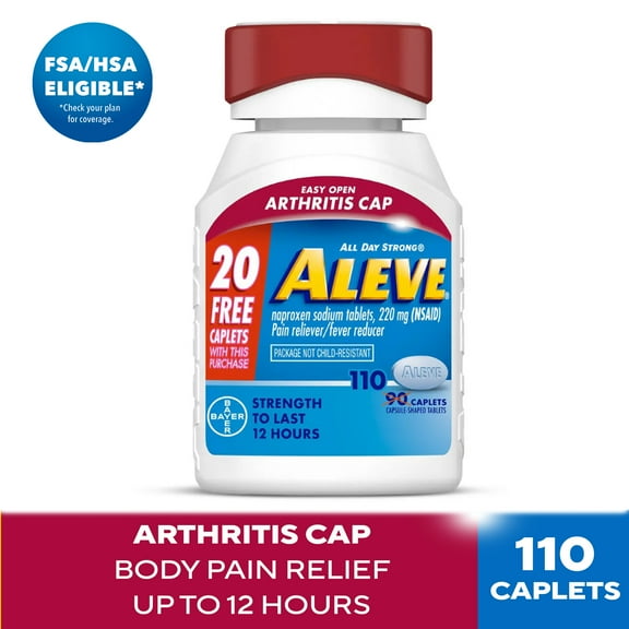 Aleve Caplets Easy Open Arthritis Cap Naproxen Sodium Pain Reliever, 90 Count + 20 Count Bonus Pack