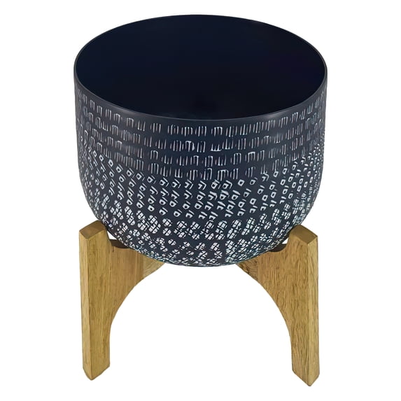 Alex 12 Inch Artisanal Industrial Round Hammered Metal Planter Pot with Wood Arch Stand Midnight Blue - Saltoro Sherpi