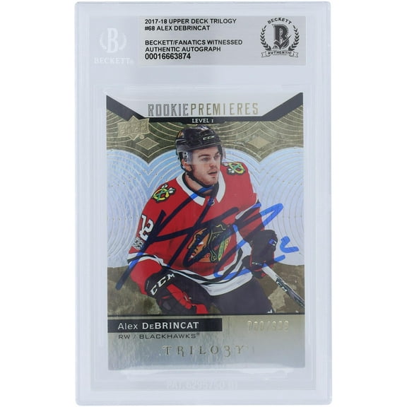 Alex DeBrincat Chicago Blackhawks Autographed 2017-18 Upper Deck Trilogy Rookie Premieres #68 #/999 Beckett Fanatics Witnessed Authenticated Rookie Card - Fanatics Authentic Certified