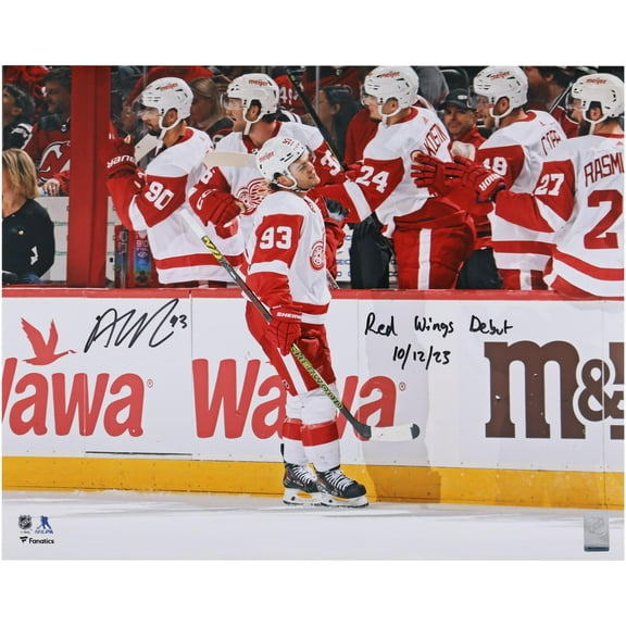 Alex DeBrincat Detroit Red Wings Autographed 16" x 20" Red Wings Debut Photograph with "Red Wings Debut 10-12-23" Inscription - Fanatics Authentic Certified