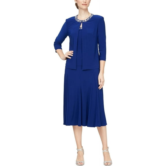 Alex Evenings 2 Piece Tea Length Jacket Dress with Round Neck, 3/4 Sleeve, A-line Skirt, Sequin Beaded Trim, Dress, Women's