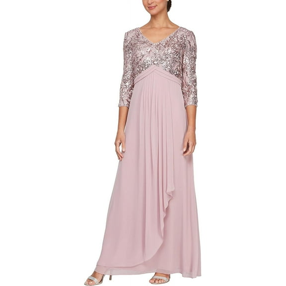 Alex Evenings Empire Waist 3/4 Sleeve Maxi A-line Lace, Sequined Dress, Women's