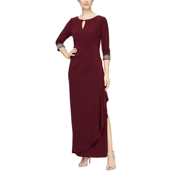 Alex Evenings Long A-Line Dress with Embellished Sleeves and Neckline (Womens, Fig, 6)