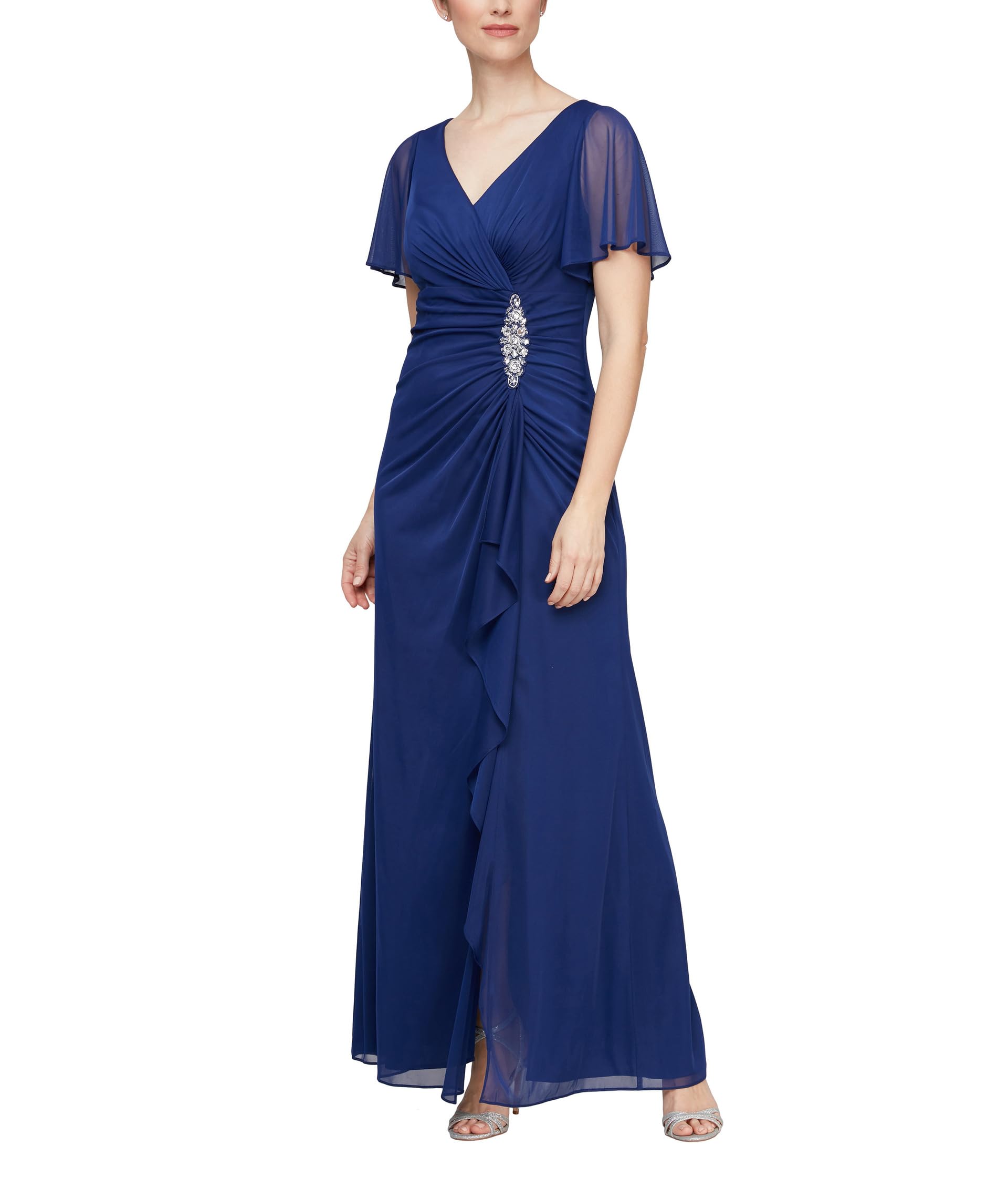 Alex Evenings Long Dress with Hip Embellishment and Flutter Sleeves  (Womens, Electric Blue, 10)