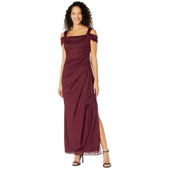 Alex Evenings Long Glitter Mesh Cold Shoulder Dress (Womens, Fig, 14)
