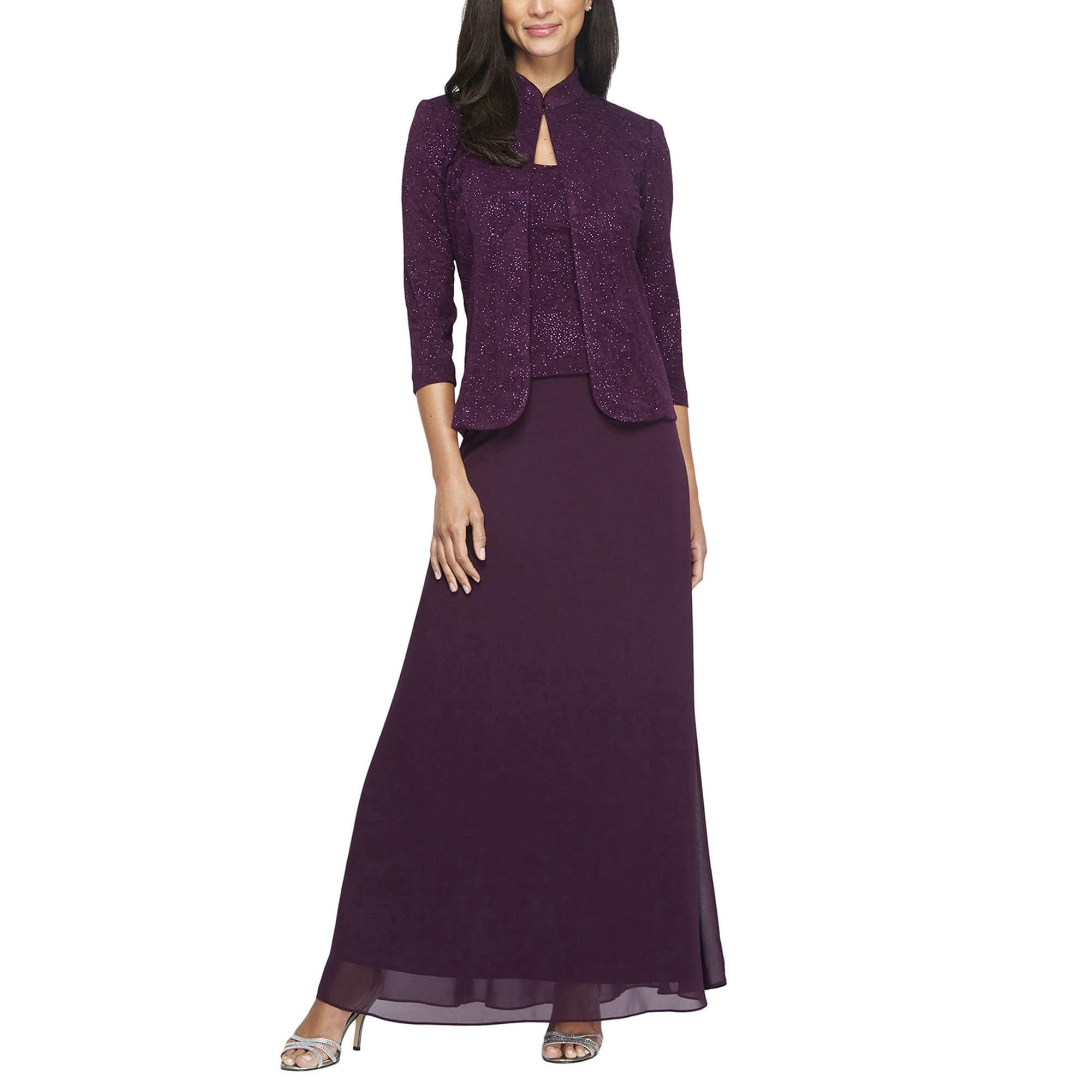 Alex Evenings Long Jacquard Knit Jacket Dress with Mandarin Collar Jacket (Womens, Eggplant, 18) - Walmart Business Supplies Alex Evenings Long Jacquard Knit Jacket Dress with Mandarin Collar Jacket (Womens, Eggplant, 18) - Walmart Business Supplies