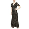 thumbnail image 1 of Alex Evenings Long Sequins Gown with Flutter Sleeves and Front Knot Detail (Womens, Black/Bronze, 6), 1 of 2