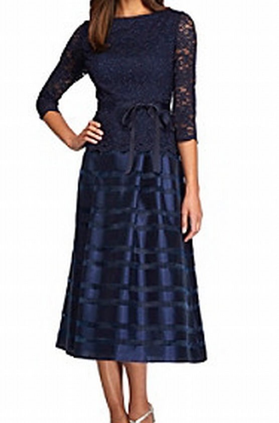 Alex Evenings NEW Navy Blue Womens Size 14 Lace Belted Shimmer Gown