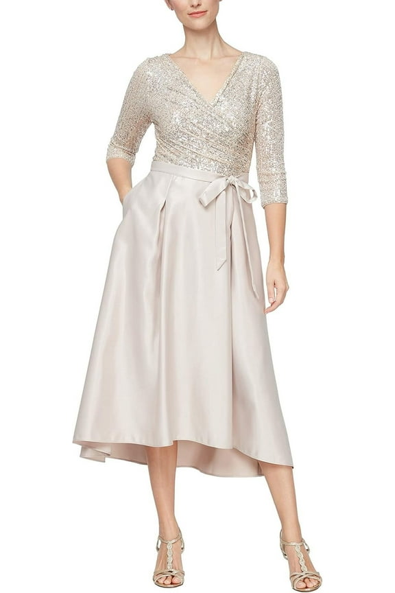 Satin Ballgown Dress, V-Neck 3/4 Sleeve A-line with Pockets & Tie Belt, Satin, Women's