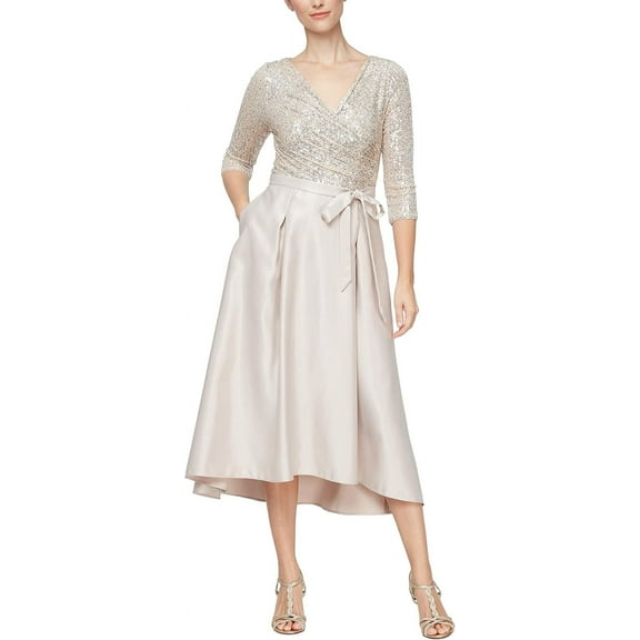 Alex Evenings Satin Ballgown Dress, V-Neck 3/4 Sleeve A-line with Pockets & Tie Belt, Satin, Women's