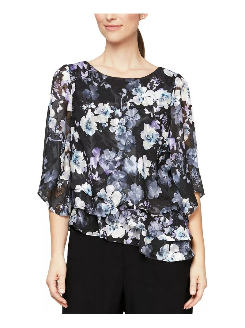 菫 Alex Evenings Scoop Neck 3/4 Sleeve Floral Print