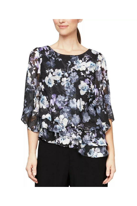 Scoop Neck 3/4 Sleeve Floral Print Asymmetrical Triple Tier Hem Chiffon Top-BLACK PURPLE