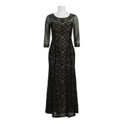 Alex Evenings Scoop Neck 3/4 Sleeve Illusion Embellished Zipper Back Embroidered Mesh Dress (Petite)-BLACK NUDE