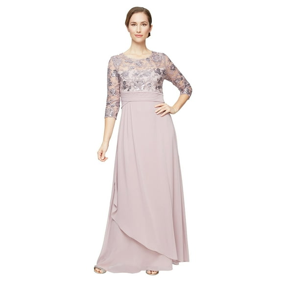 Alex Evenings Scoop Neck 3-4 Sleeves Back Zipper Shimmering Long Embroidered Sequin Dress