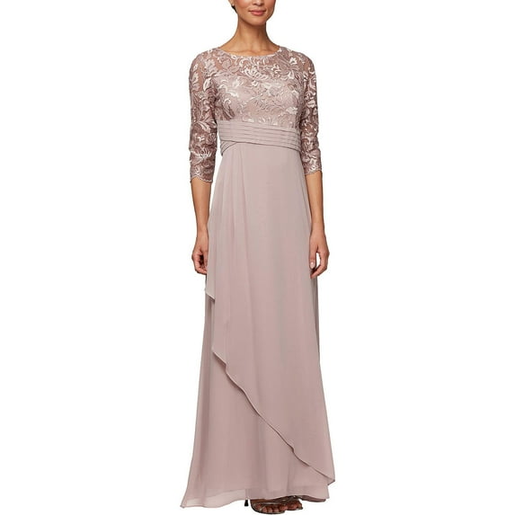 Alex Evenings Scoop Neck 3-4 Sleeves Back Zipper Shimmering Long Embroidered Sequin Dress-ORCHID / 10