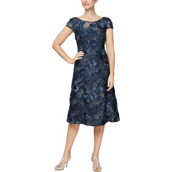 Alex Evenings Short Embroidered A-line Boat Neck Short Sleeve Dress, Women's