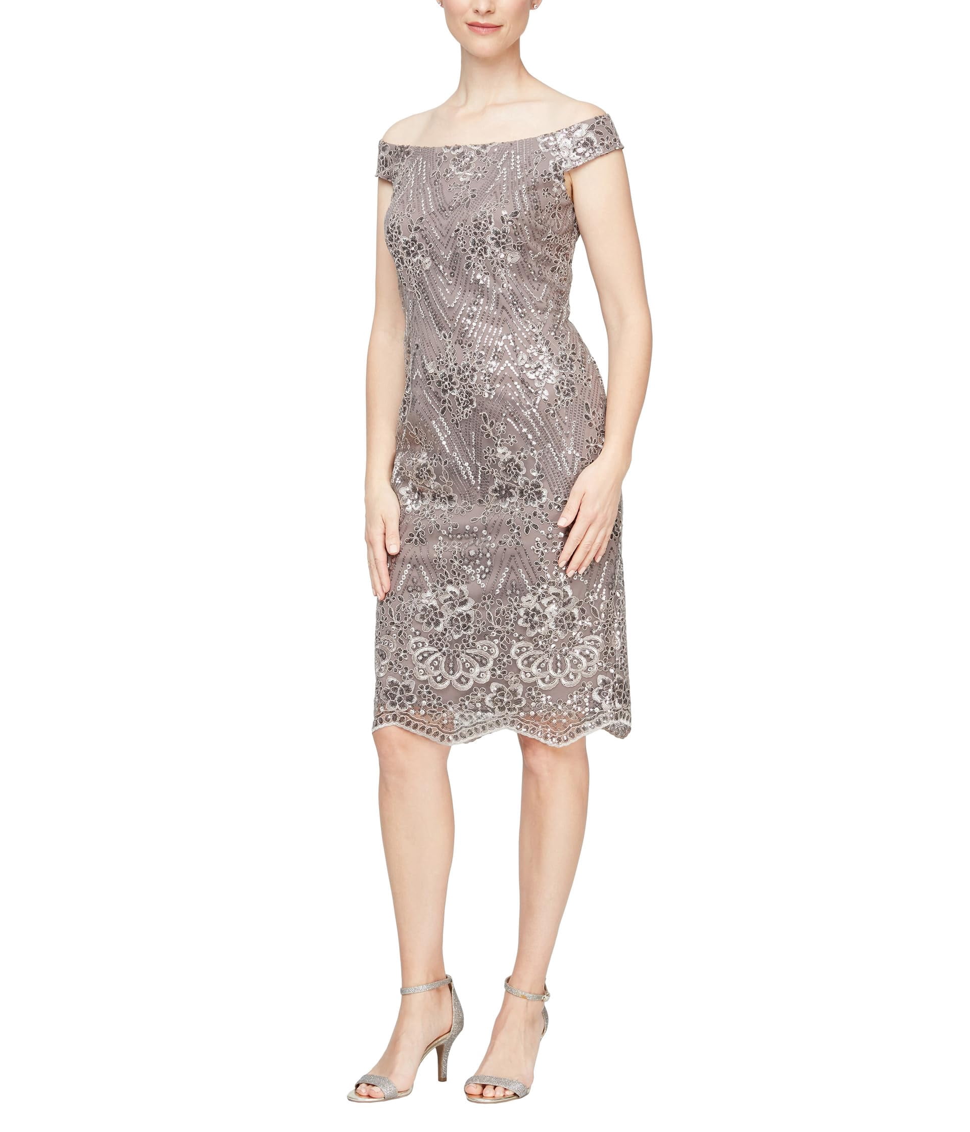 Alex Evenings Short Embroidered Off-the-Shoulder Dress (Womens, Rich Taupe,  4) - Walmart.com