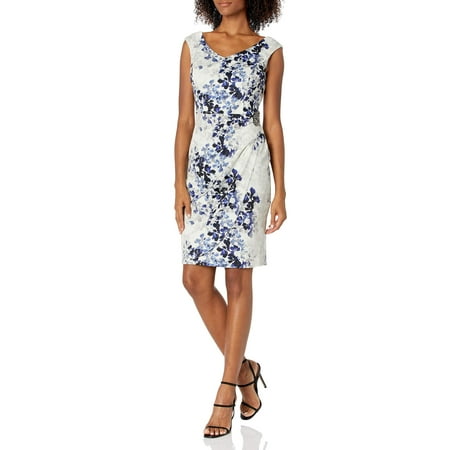 Alex Evenings Short Printed Dress with Hip Embellishment (Womens, Ivory Multi, 14)