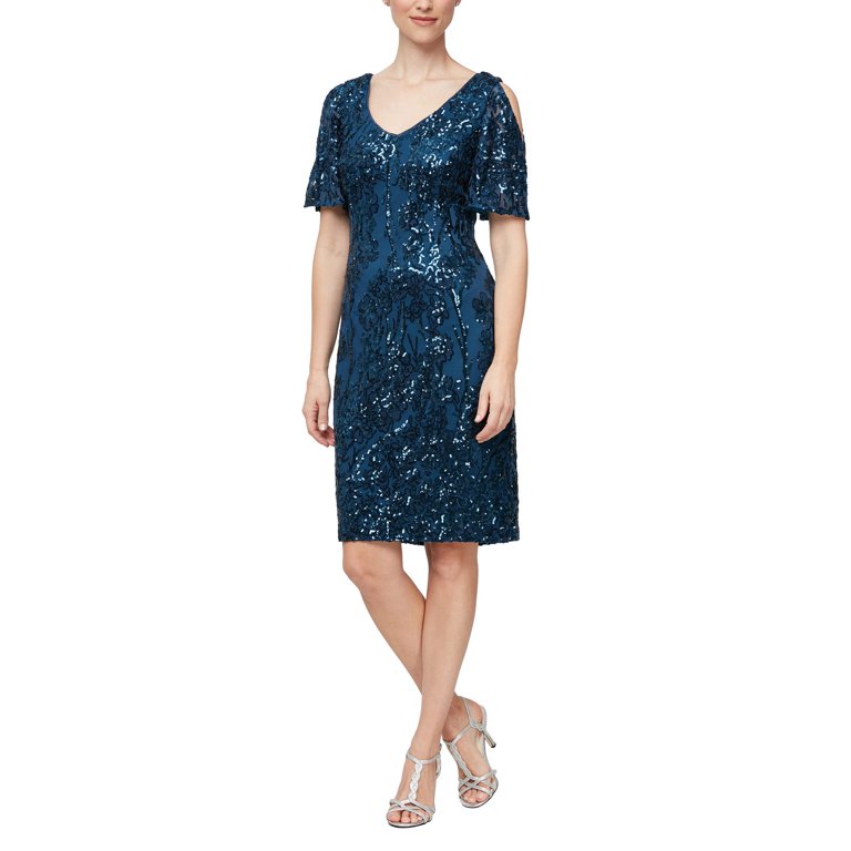 Alex Evenings Short V Neckline Sheath Dress with Cold-Shoulder Flutter  Sleeves (Unisex, Deep Ocean, 10)