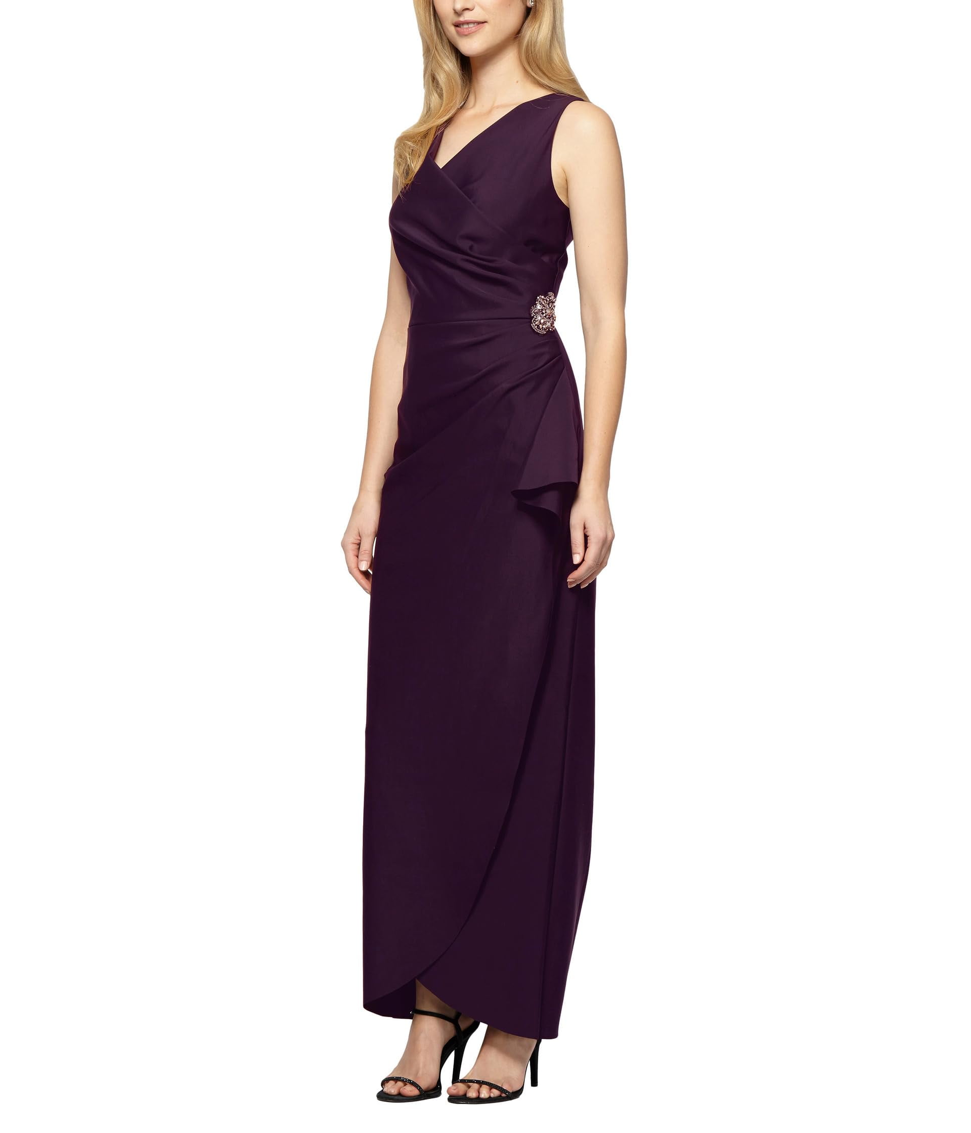 Alex Evenings Slimming Long Side Ruched Dress with Cascade Ruffle Skirt  (Womens, Aubergine, 6) - Walmart.com