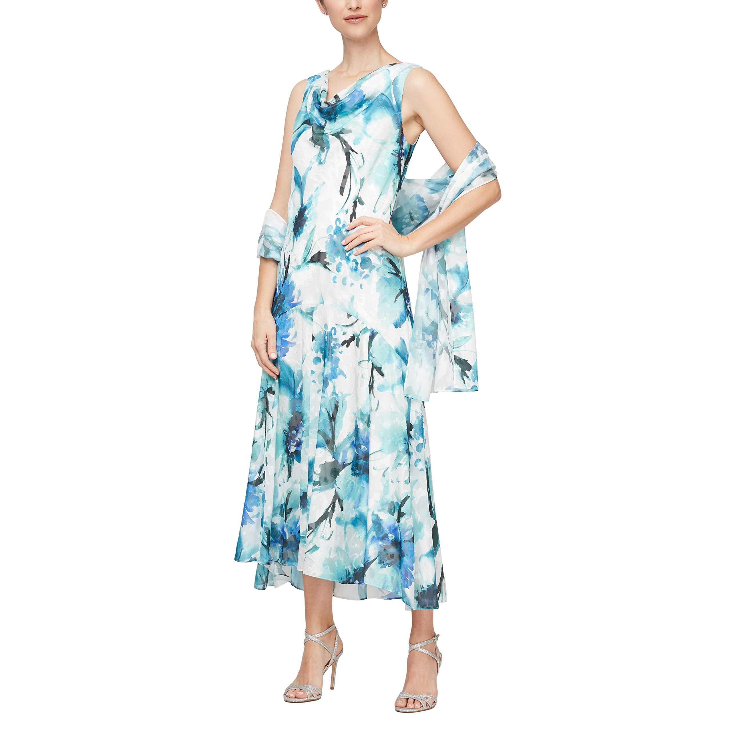 Alex Evenings Tea Length Chiffon Burnout High Low Dress with Chiffon Shawl Womens Seafoam 8 Walmart