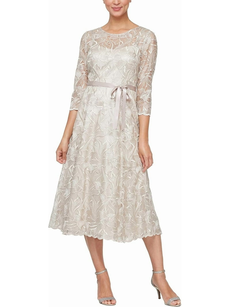 Alex Evenings Tea Length Cocktail Dress, 3/4 Sleeve, Round Neck, A