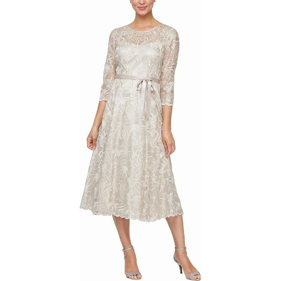 Alex Evenings Tea Length Cocktail Dress, 3/4 Sleeve, Round Neck, A-line, Lace, Women's