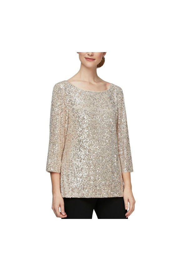 Women's 3/4-Sleeve Sequin Tunic Blouse With Side Slit Taupe B4HP (Regular,S)