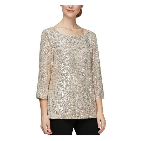 Alex Evenings Women's 3/4-Sleeve Sequin Tunic Blouse With Side Slit Taupe B4HP (Regular,XL)