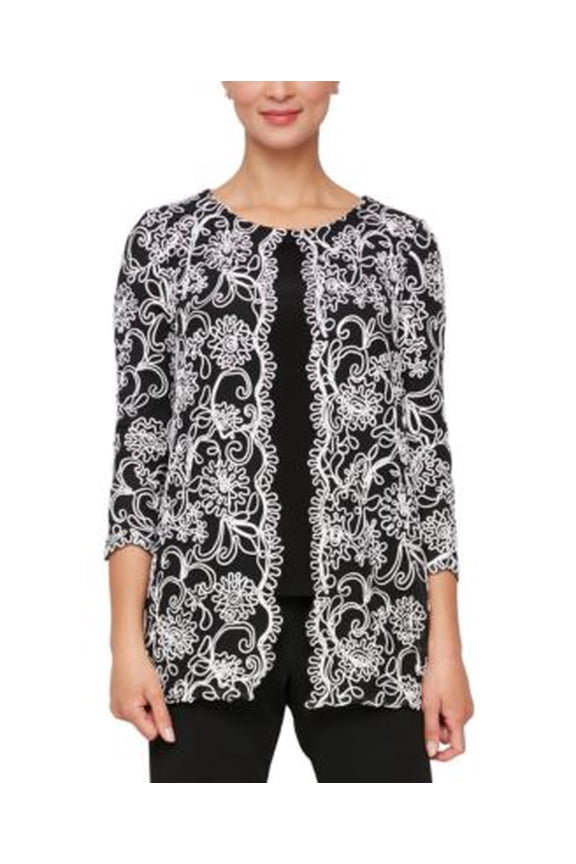 Women's Black/White Embroidered Layered-Look Scoop-Neck Top M