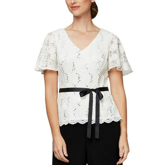 Alex Evenings Women's Lace Flutter Sleeve Top White Size S