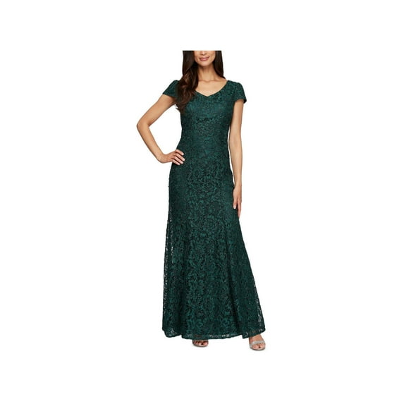 Alex Evenings Women's Lace V Neck Fit & Flare Gown Green Size 8