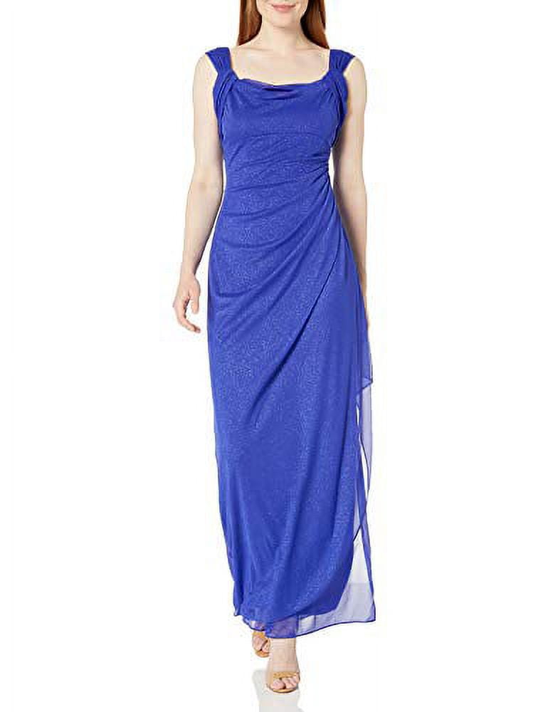 chinese dress ladies Alex Evenings Petite Size Cowl Neck Cold Shoulder Long Gown, Womens, 10P, Navy main image 0