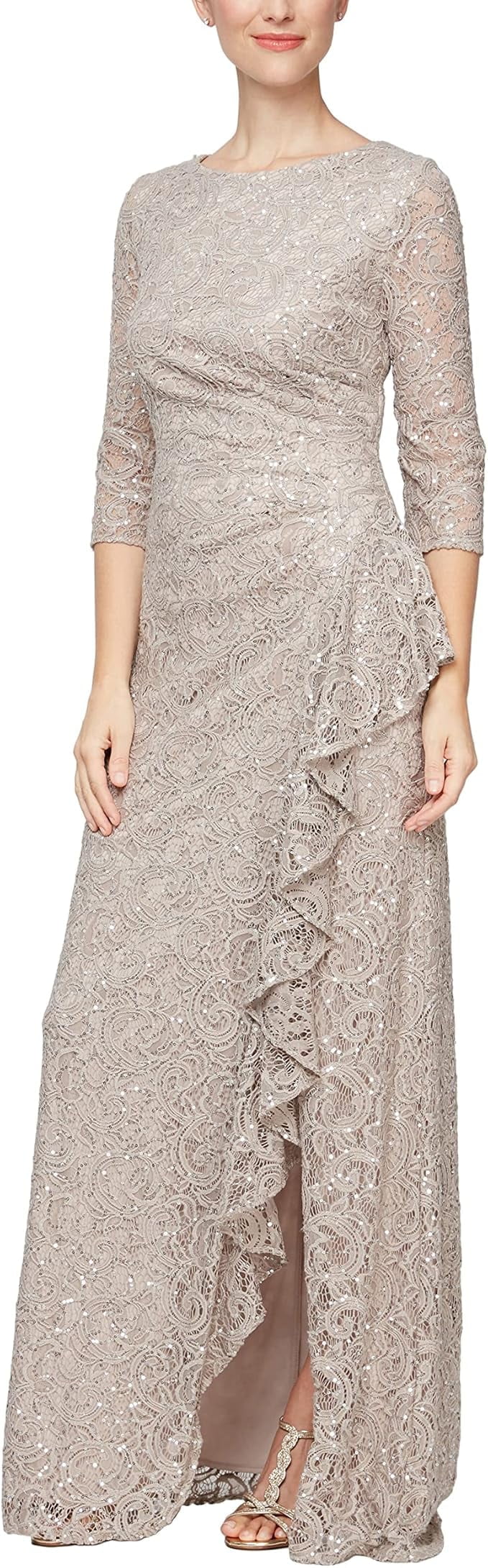 Alex Evenings Women's Long Sleeve Cascade Ruffle Detail Dress, Lace, Women's