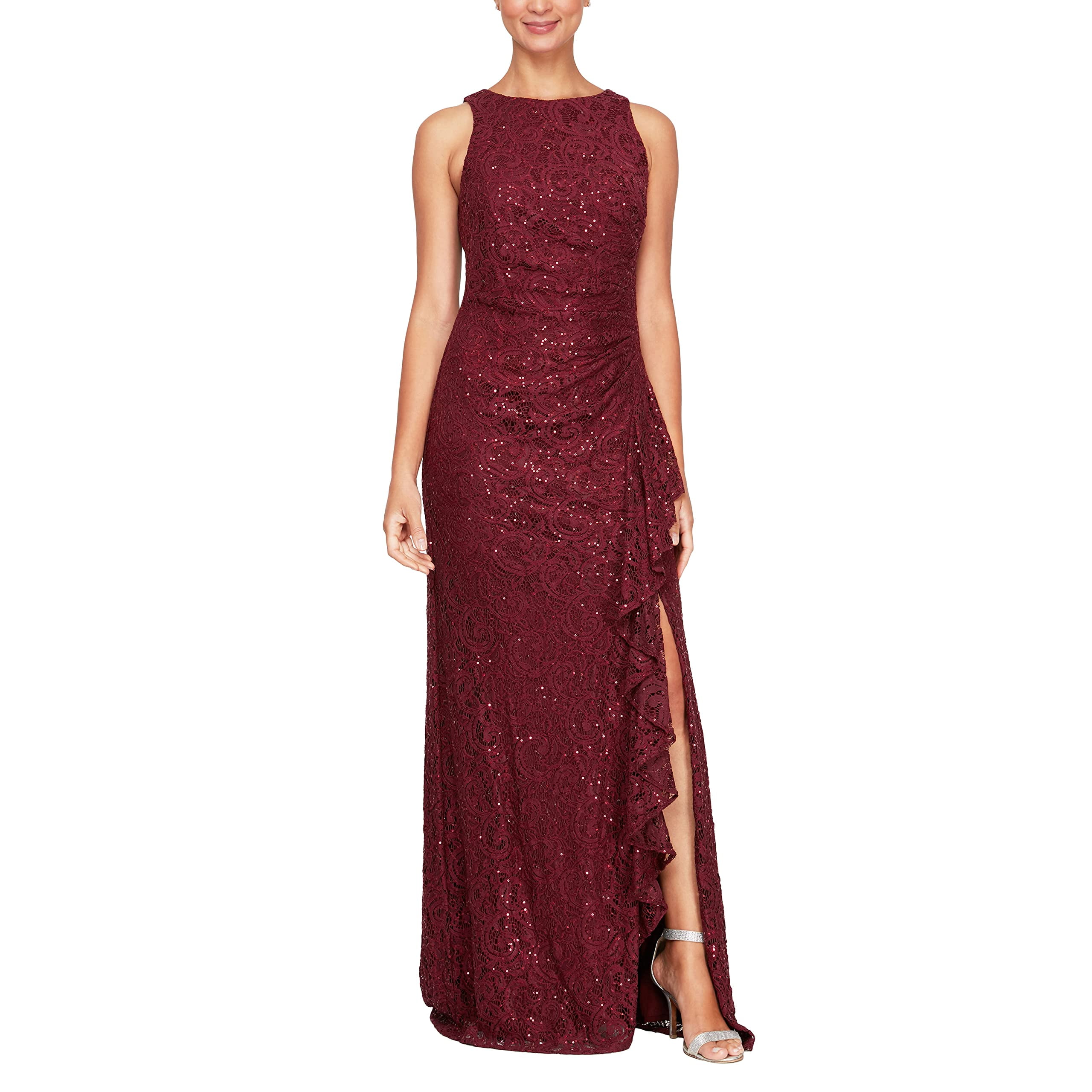 Alex Evenings Women's Mother Of The Bride Dress - Long A-Line, 3/4 Sleeve Lace With Sequin Detail, Cascade Ruffle & Front Slit (Petite & Regular)