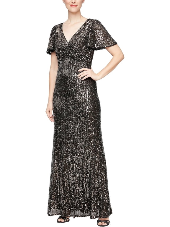 Women's Long Stretch Sequin Bodice Mother of The Bride Dress with Empire Waist (Petite and Regular Sizes)