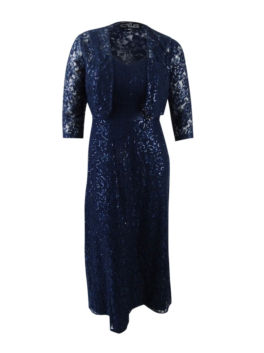 Alex Evenings - Brandclub - Women's Petite Lace A-Line Gown & Bolero Jacket  (12P, Navy)