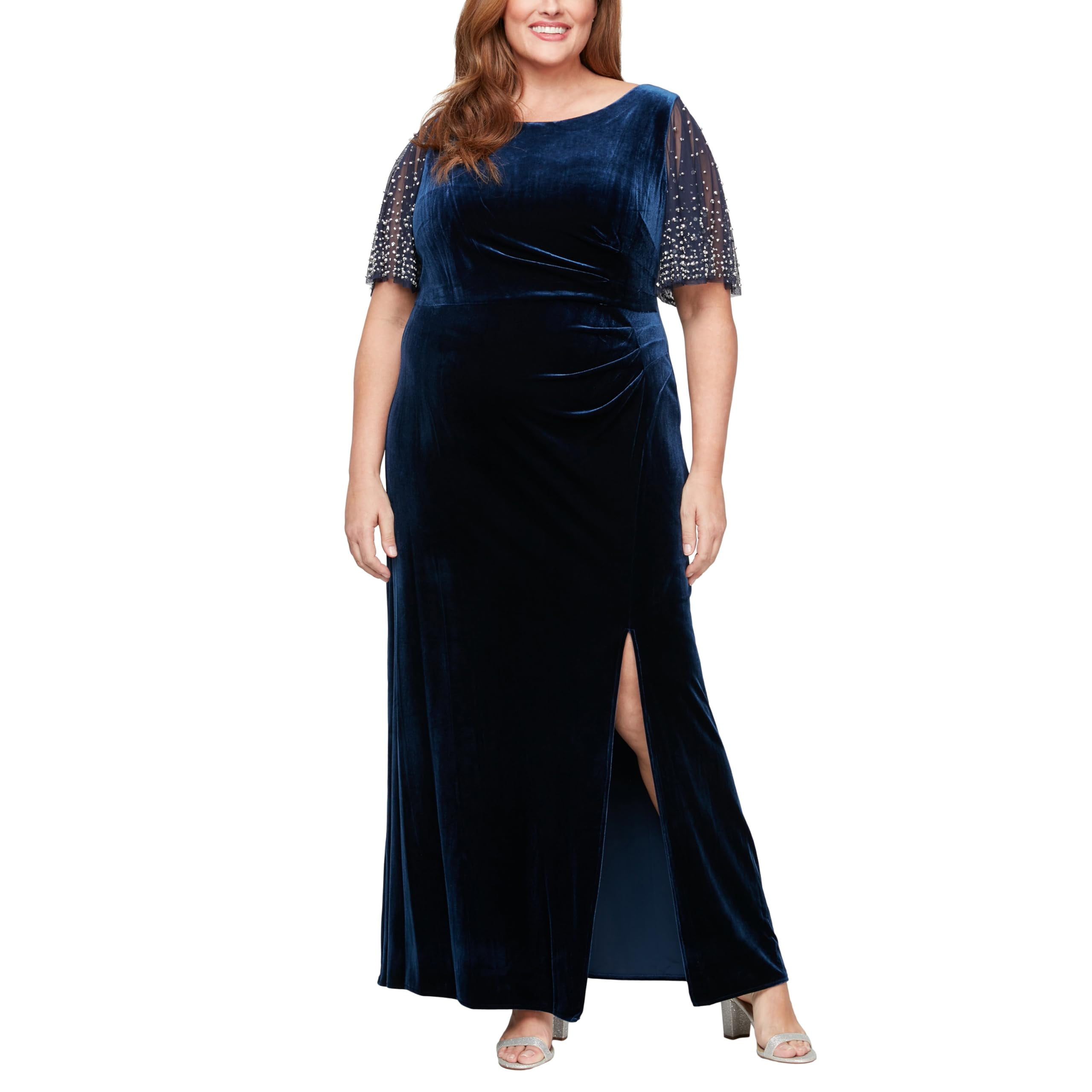 Alex Evenings Plus Long Velvet Fit and Flare Dress with Heat Set Illusion Flutter Sleeves and Front Slit Navy / 20W